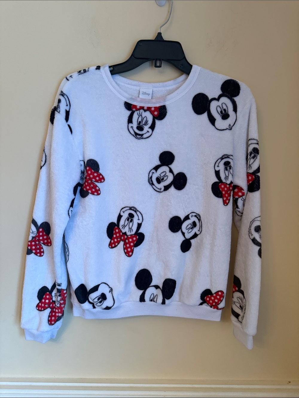 Disney White Plush Sweatshirt with Black Mickey & Red Polka-Dot Bows Size Small